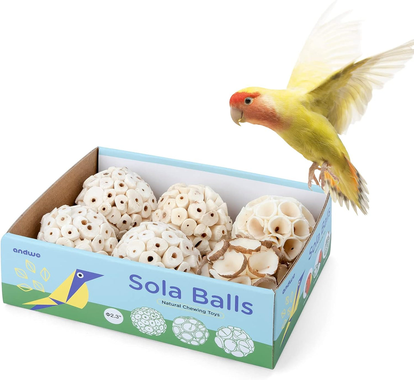 Bird Toy Sola Ball - Natural Soft Chew Shredding & Foraging Toy for Cockatiel Conure Quaker Parrot Budgie Parakeet Rabbit Bunny Guinea Pig Chinchilla (Style 1 (Pack of 6))