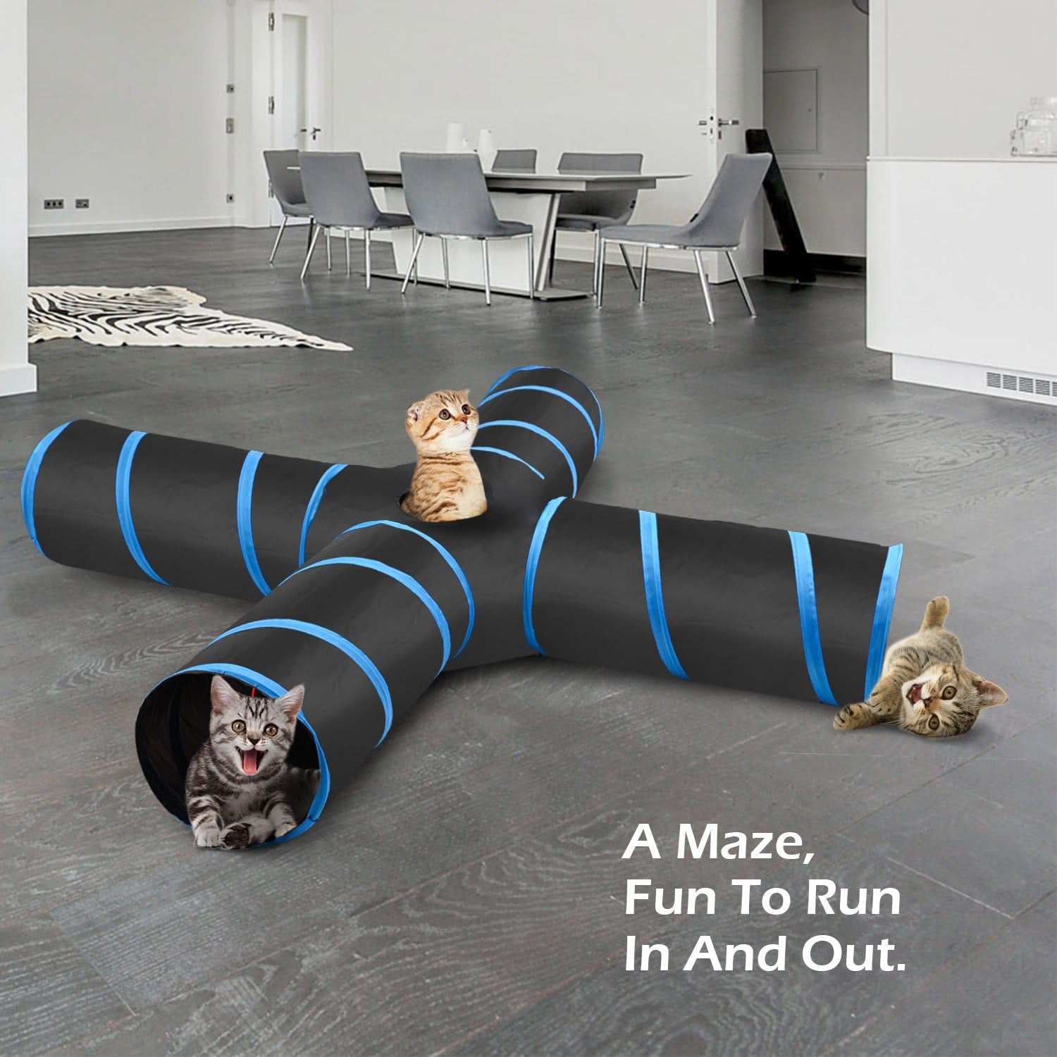 Cat Toys - 4 Way Cat Tunnel, Tube & Play Tent, 25X53Cm, Extensible, Interactive Maze with Balls & Bells for Kitten & Small Animal, Blue