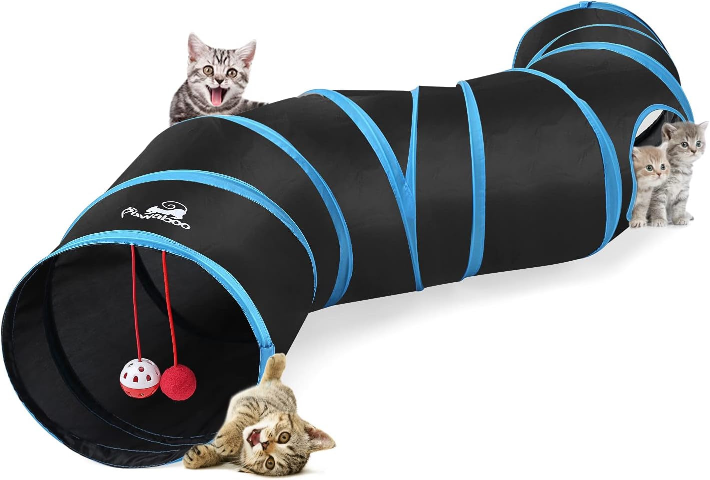 Cat Toys - 4 Way Cat Tunnel, Tube & Play Tent, 25X53Cm, Extensible, Interactive Maze with Balls & Bells for Kitten & Small Animal, Blue