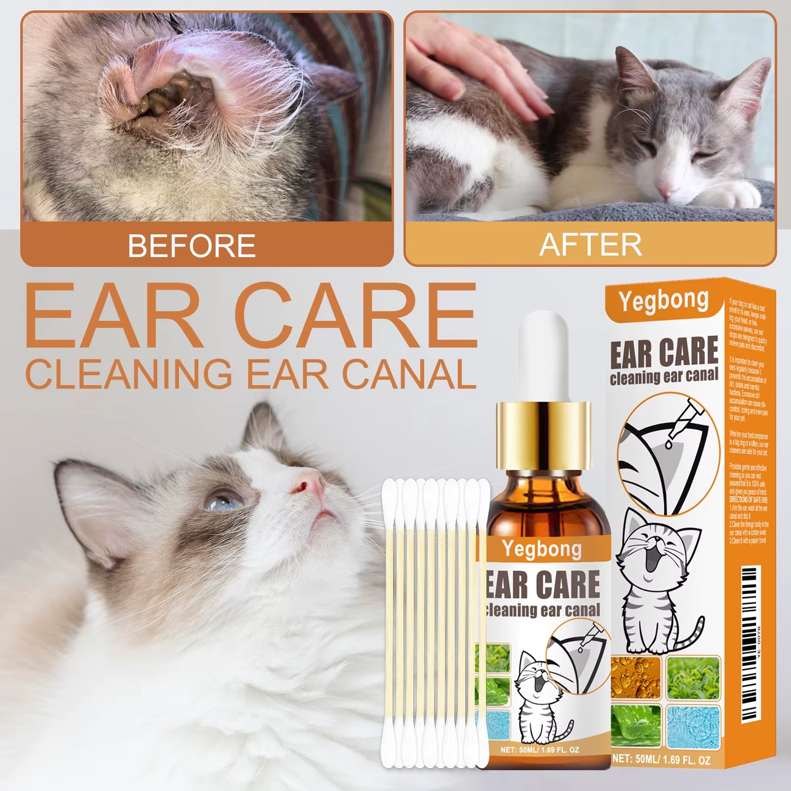 50Ml Pet Ear Clean Drop Dog Cat Ear Wash Odor Remove Relieve Itchy Discomfort Clean Earwax Ear Mite Cleaning Liquid Set