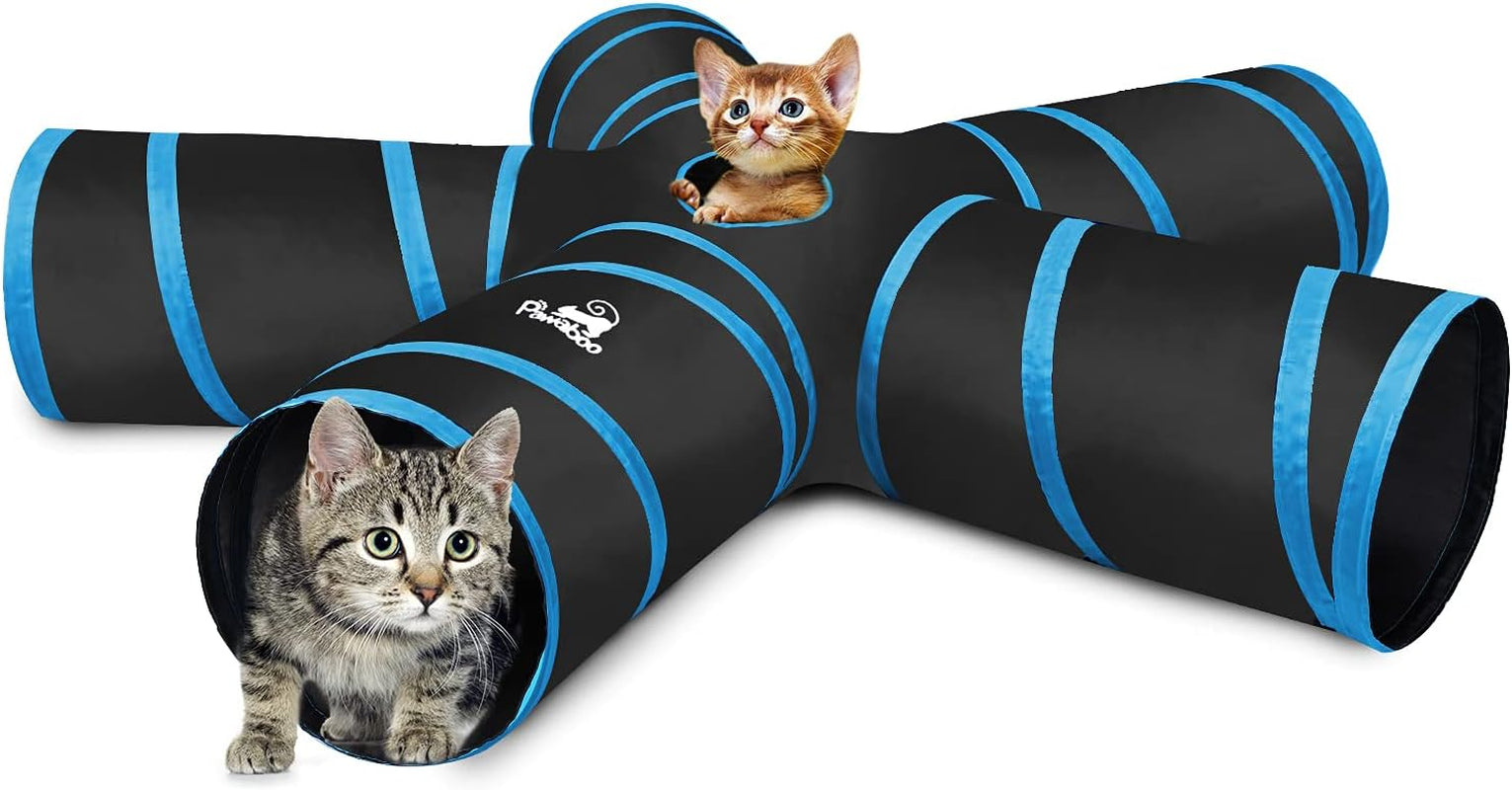 Cat Toys - 4 Way Cat Tunnel, Tube & Play Tent, 25X53Cm, Extensible, Interactive Maze with Balls & Bells for Kitten & Small Animal, Blue