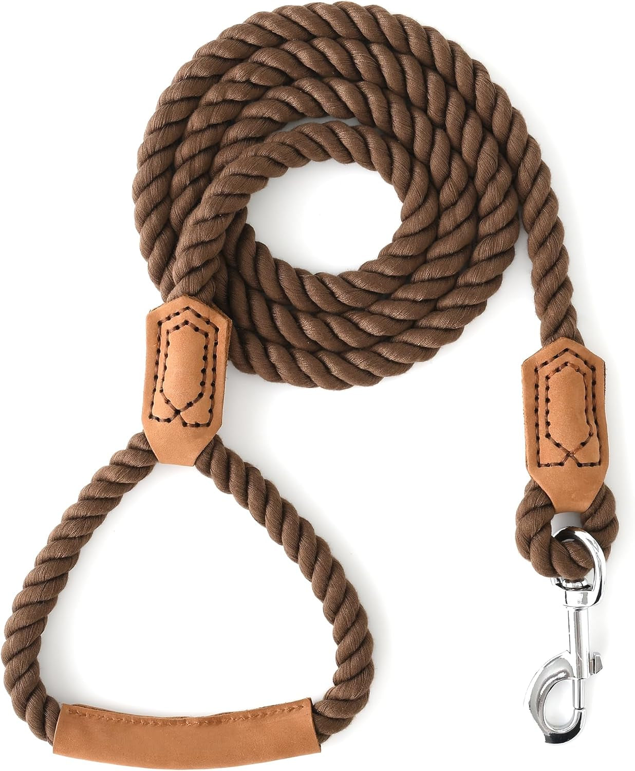 Dog Leash, Braided Cotton Rope Leashes with Leather Tip - Heavy Duty Metal Clasp, 4FT, 1/2" Thick - Wedding, Walking & Training Leash for Small Medium Large Dogs (Dark Brown)