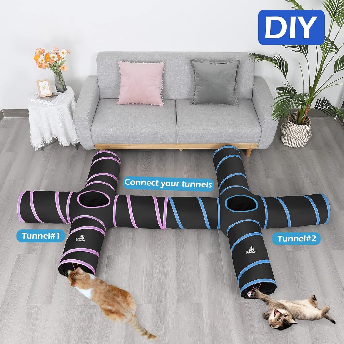 Cat Toys - 4 Way Cat Tunnel, Tube & Play Tent, 25X53Cm, Extensible, Interactive Maze with Balls & Bells for Kitten & Small Animal, Blue