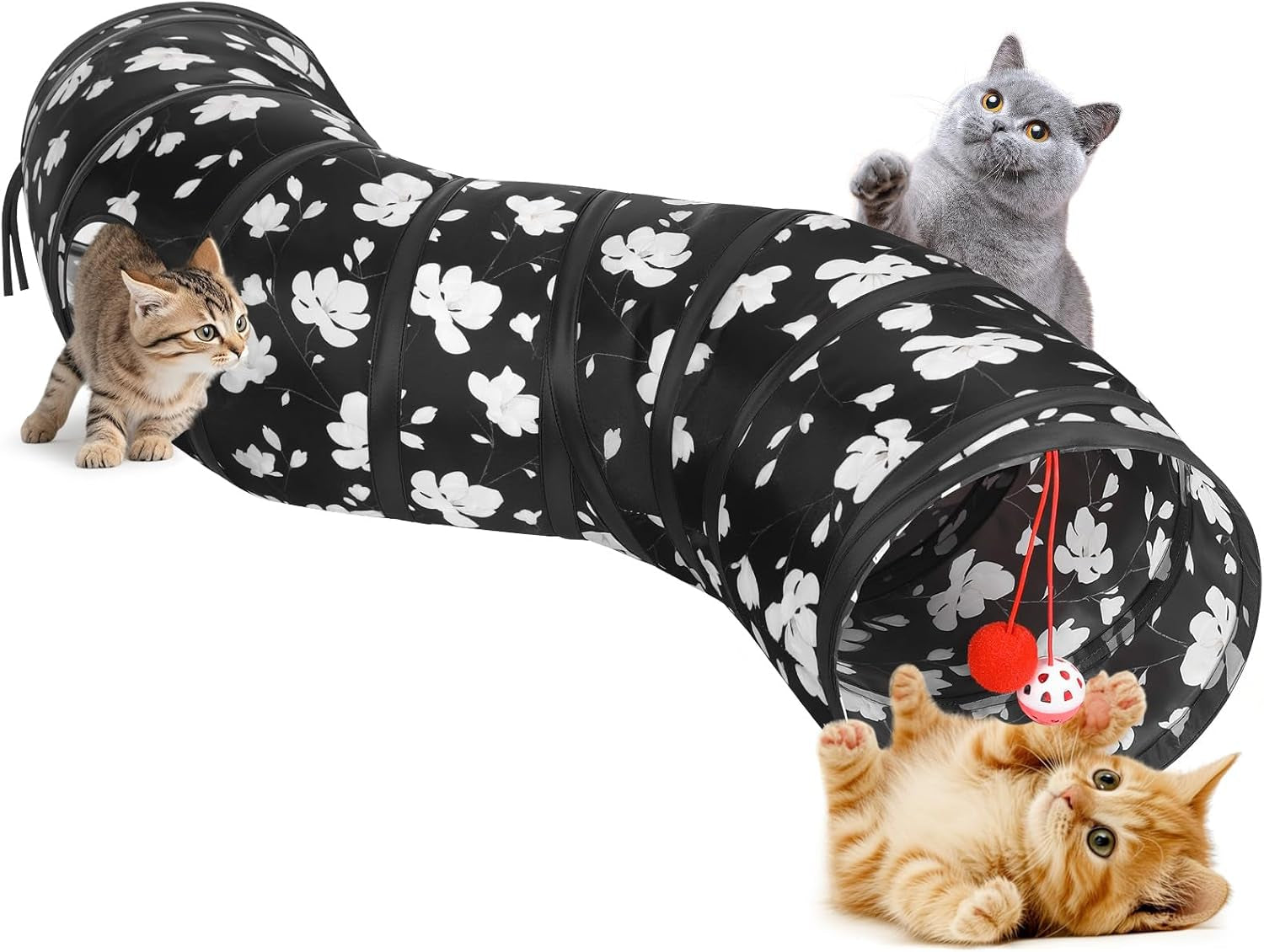 Cat Toys - 4 Way Cat Tunnel, Tube & Play Tent, 25X53Cm, Extensible, Interactive Maze with Balls & Bells for Kitten & Small Animal, Blue