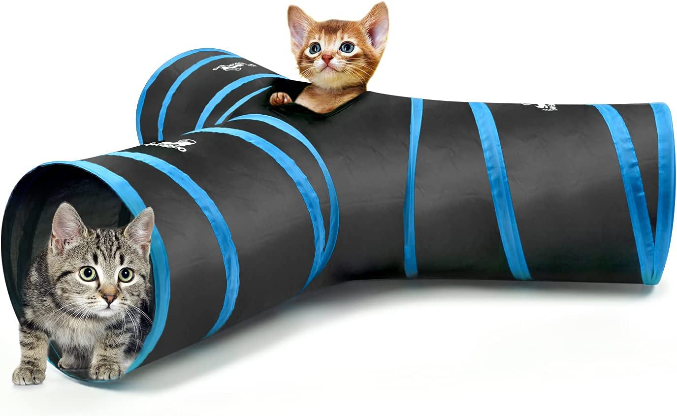 Cat Toys - 4 Way Cat Tunnel, Tube & Play Tent, 25X53Cm, Extensible, Interactive Maze with Balls & Bells for Kitten & Small Animal, Blue