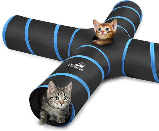 Cat Toys - 4 Way Cat Tunnel, Tube & Play Tent, 25X53Cm, Extensible, Interactive Maze with Balls & Bells for Kitten & Small Animal, Blue