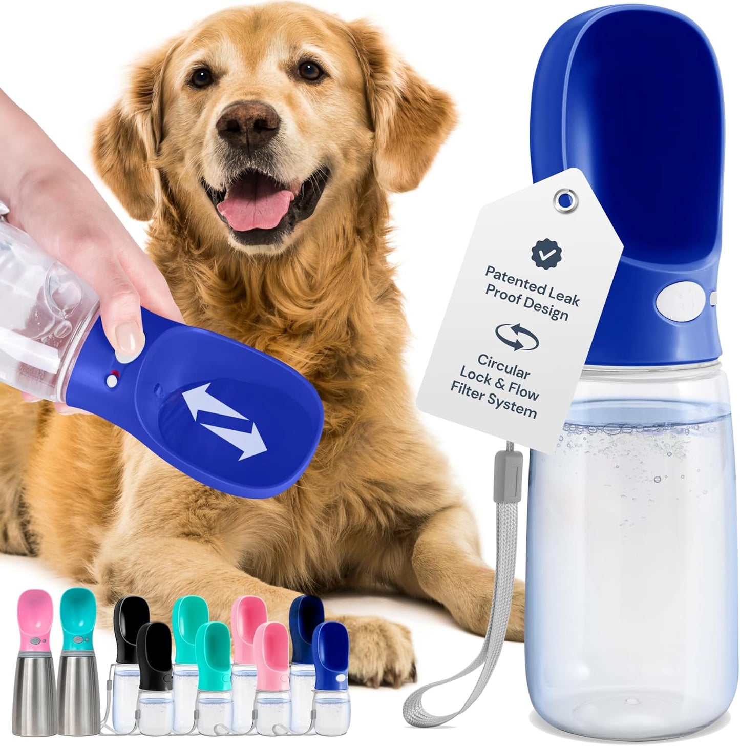Portable Dog Water Bottle - 19 Oz, Blue - Leak-Proof Water Bowl Dispenser with Lock for Hiking, Travel & On-The-Go