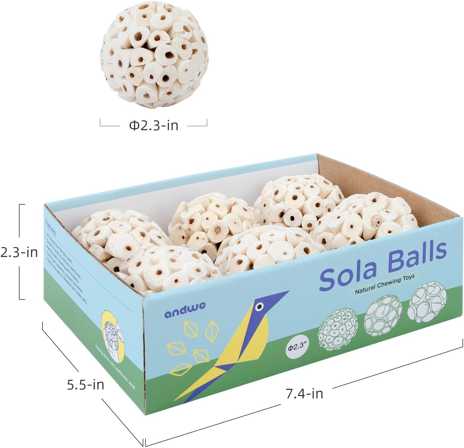 Bird Toy Sola Ball - Natural Soft Chew Shredding & Foraging Toy for Cockatiel Conure Quaker Parrot Budgie Parakeet Rabbit Bunny Guinea Pig Chinchilla (Style 1 (Pack of 6))