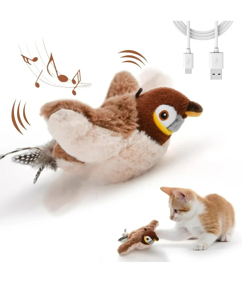 Interactive Cat Toys Rechargeable Flying Bird Cat Toy Chirping Flapping Bird(No Flying) Can Add Catnip Touch Activated Plush Toy