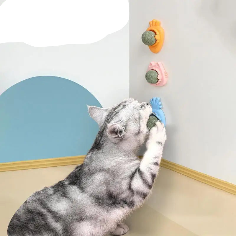 Cat Wall Stick-On Ball Wall Mount Cat Mint Balls Edible Cat Catnip Licking Ball Cat Wall Treats Teeth Cleaning Cat Bite Toy