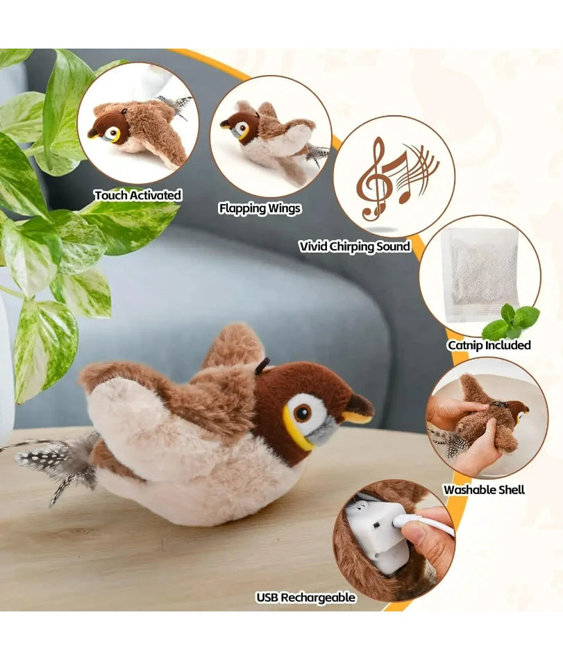 Interactive Cat Toys Rechargeable Flying Bird Cat Toy Chirping Flapping Bird(No Flying) Can Add Catnip Touch Activated Plush Toy