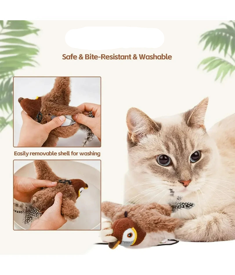 Interactive Cat Toys Rechargeable Flying Bird Cat Toy Chirping Flapping Bird(No Flying) Can Add Catnip Touch Activated Plush Toy