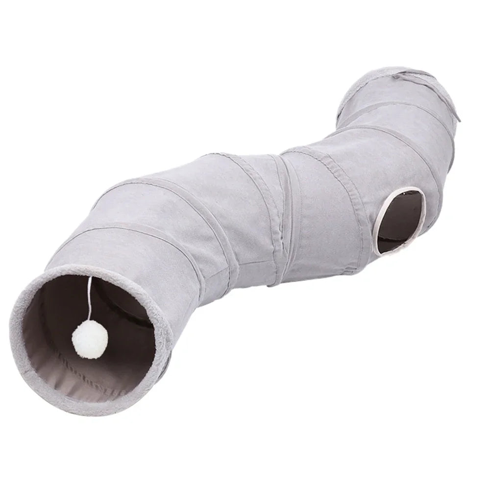 Cat Tunnels for Indoor Cats Collapsible Cat Toys Play Tube 3 Ways S Shape Cat Tunnel Grey Suede Pet Crinkle Tunnels with Ball