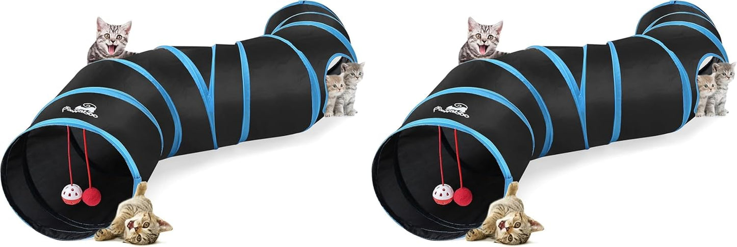 Cat Toys - 4 Way Cat Tunnel, Tube & Play Tent, 25X53Cm, Extensible, Interactive Maze with Balls & Bells for Kitten & Small Animal, Blue
