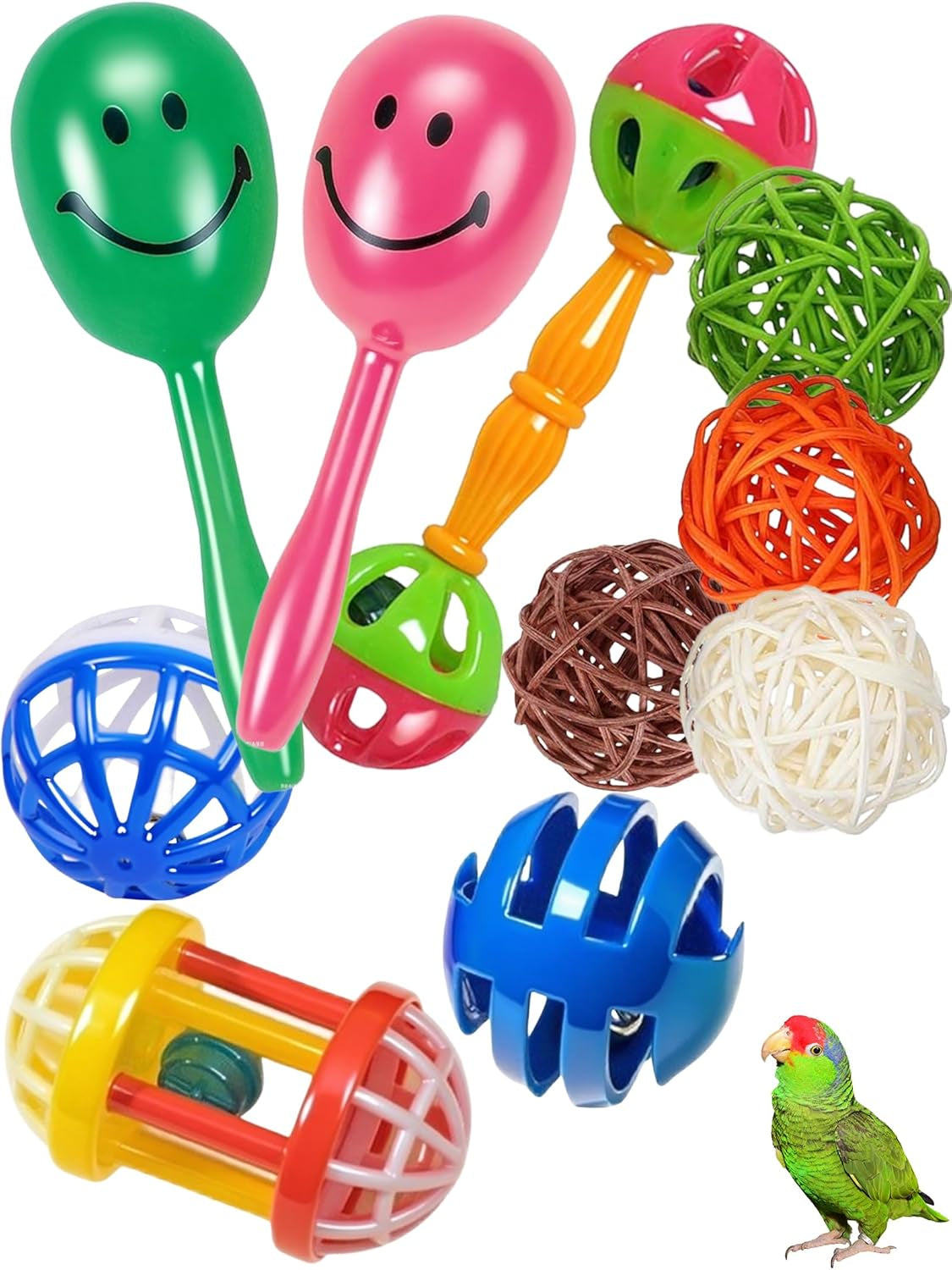 10-Pack Bird Toys for Parrots – Natural Rattan & Plastic Bell Balls – Safe, Fun Cage Decor & Foot Exercise (1.5'' - 5.5'', Bird Toys Value Pack)