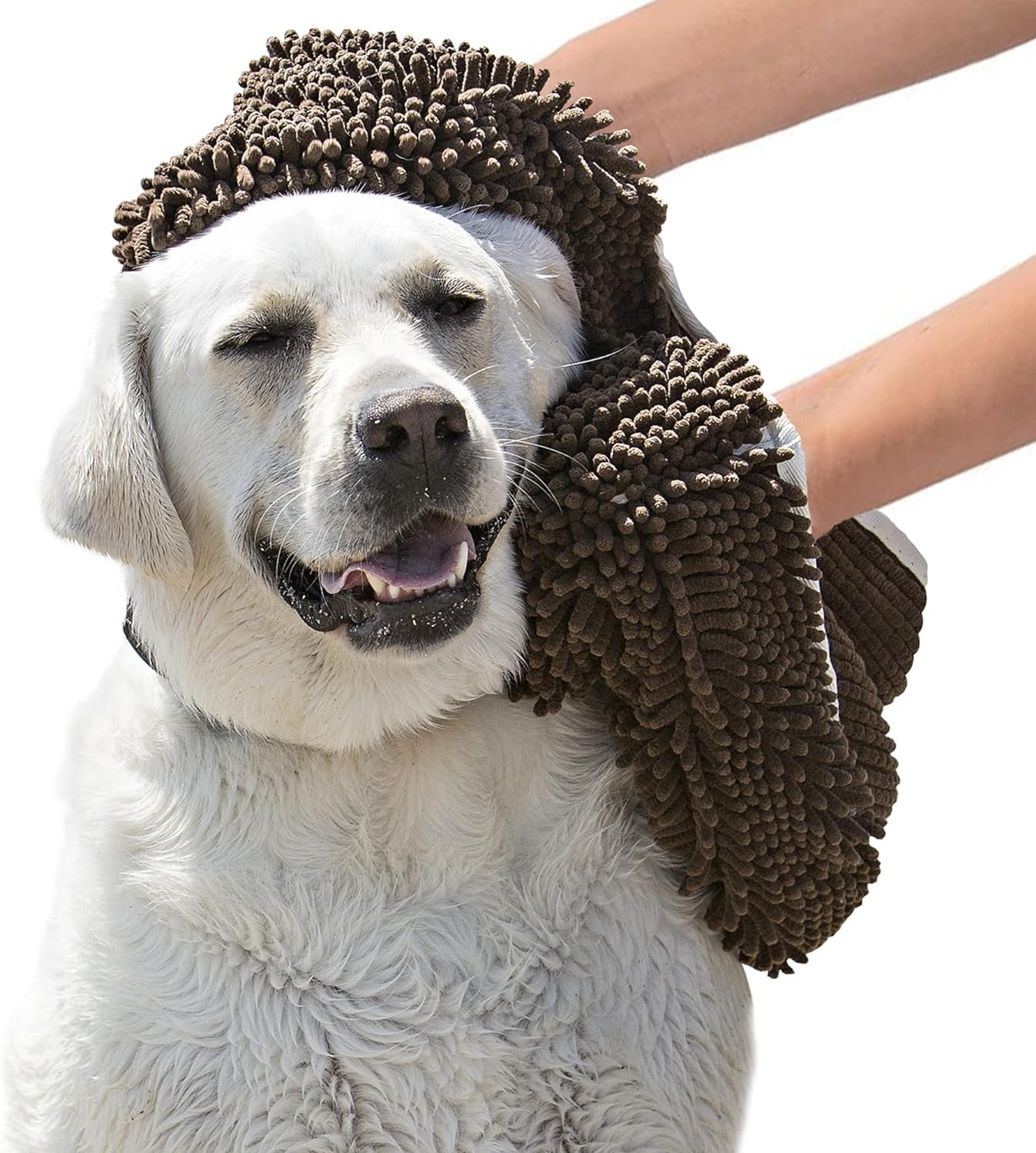 Soggy Doggy Super Shammy Dog Towel - Microfiber Chenille Towel for Drying Dogs and Cleaning Paws - Fast Drying with Hand Pockets for Ease (Beige/Red Trim, 31” X 14”)