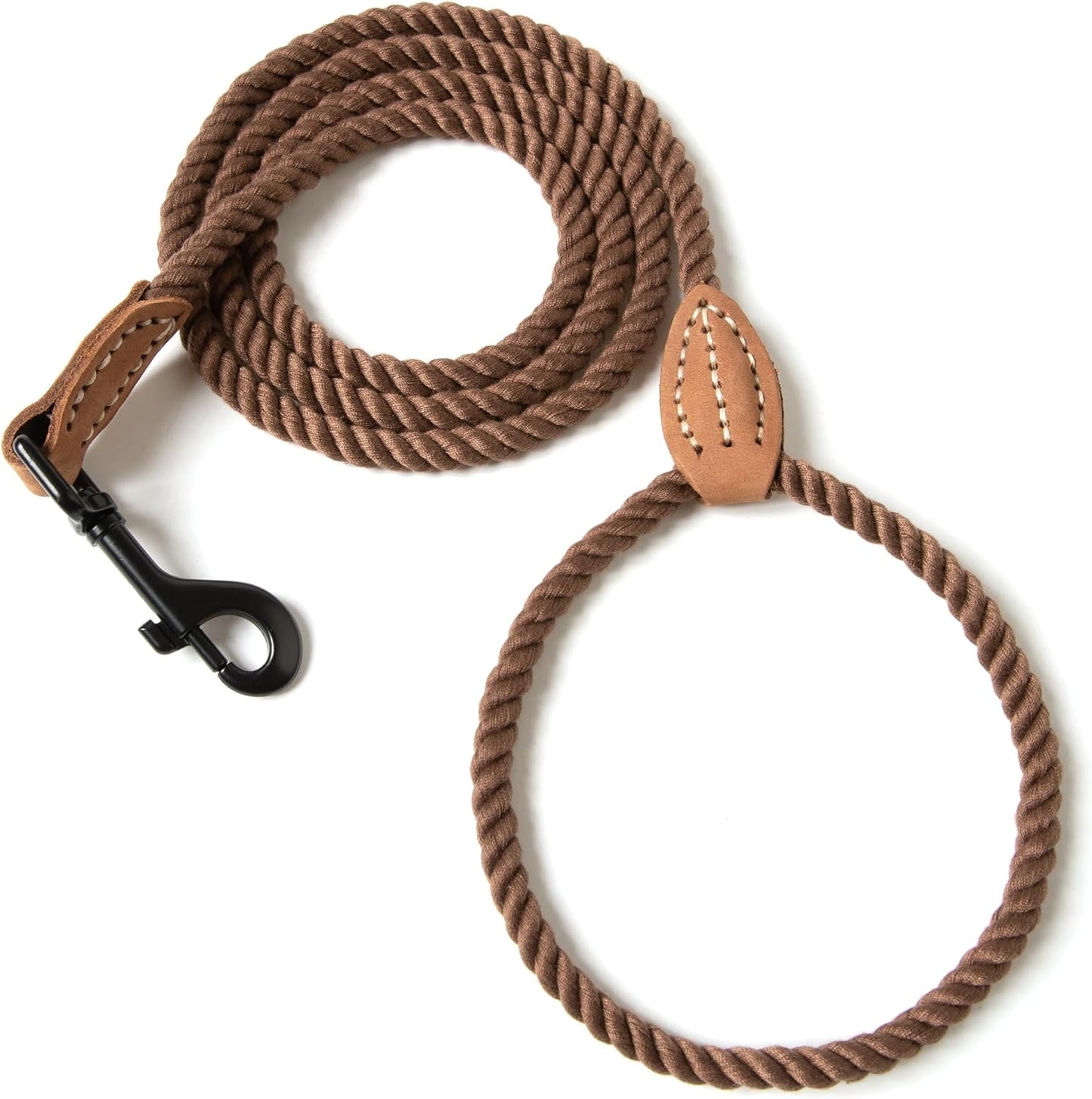 Dog Leash, Braided Cotton Rope Leashes with Leather Tip - Heavy Duty Metal Clasp, 4FT, 1/2" Thick - Wedding, Walking & Training Leash for Small Medium Large Dogs (Dark Brown)