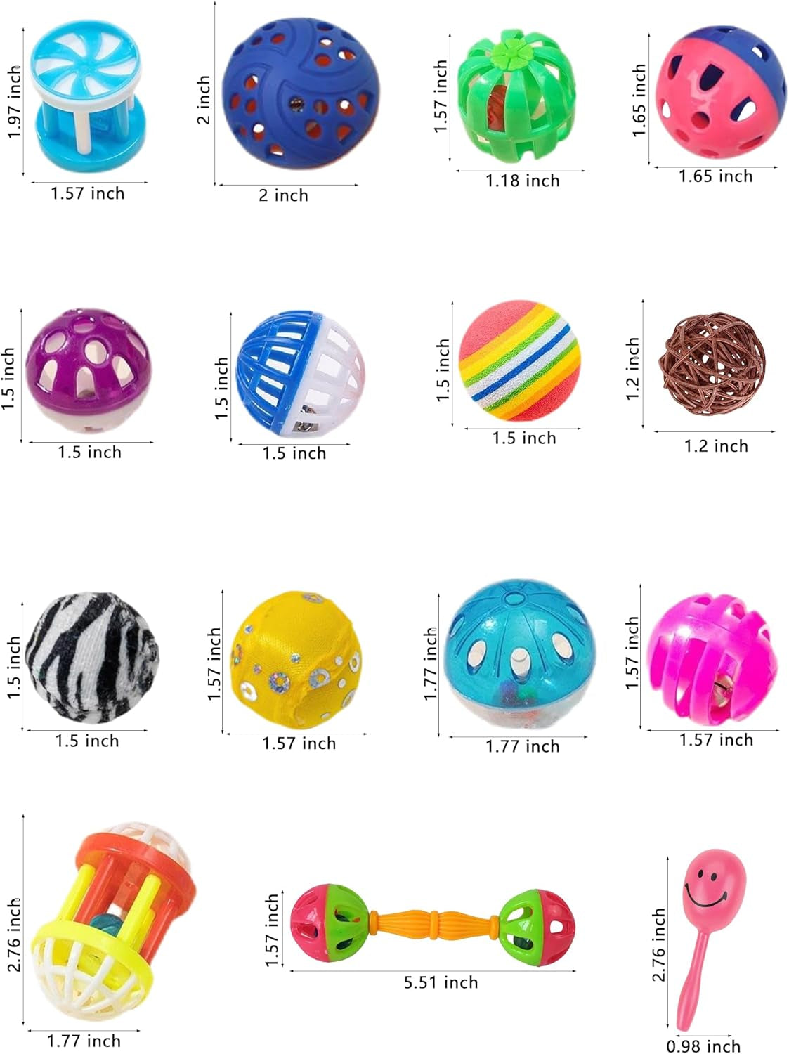 10-Pack Bird Toys for Parrots – Natural Rattan & Plastic Bell Balls – Safe, Fun Cage Decor & Foot Exercise (1.5'' - 5.5'', Bird Toys Value Pack)