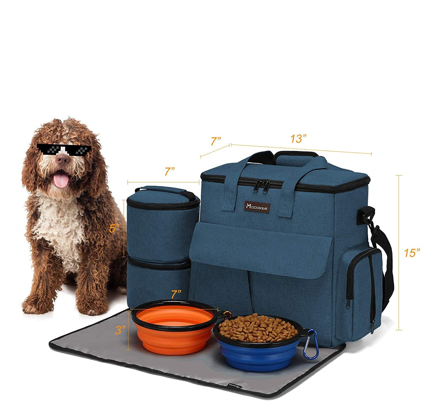 Dog Travel Bag, Weekend Pet Travel Set for Dog and Cat, Airline Approved Tote Organizer with Multi-Function Pockets, 2 Food Storage Containers, 2 Collapsible Bowls, 1 Feeding Mat (Blue)