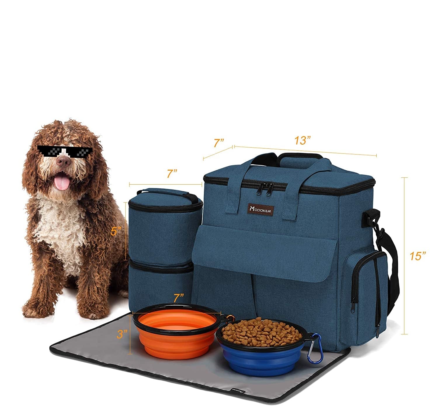 Dog Travel Bag, Weekend Pet Travel Set for Dog and Cat, Airline Approved Tote Organizer with Multi-Function Pockets, 2 Food Storage Containers, 2 Collapsible Bowls, 1 Feeding Mat (Blue)
