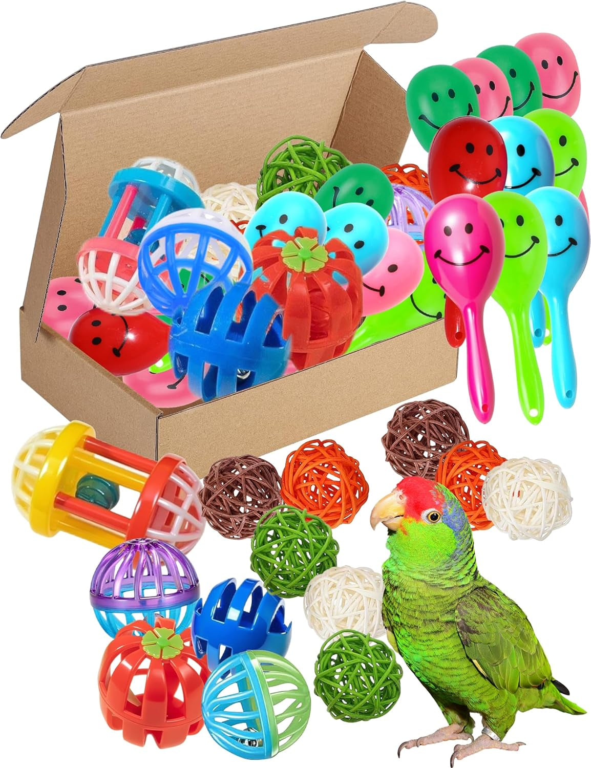 10-Pack Bird Toys for Parrots – Natural Rattan & Plastic Bell Balls – Safe, Fun Cage Decor & Foot Exercise (1.5'' - 5.5'', Bird Toys Value Pack)